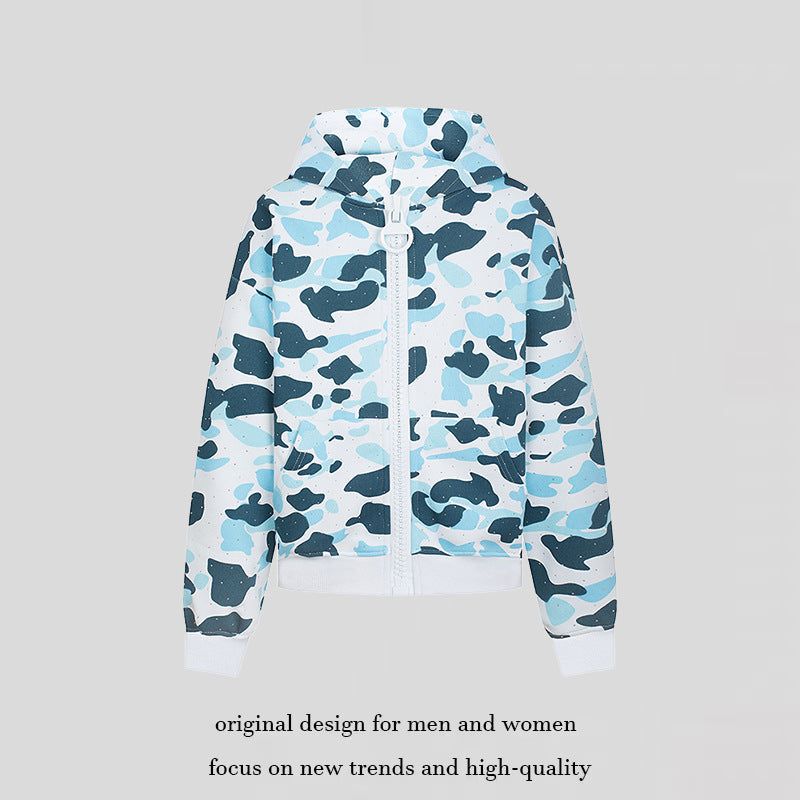 Ladies' hooded jacket in camouflage print with a full-length zipper, kangaroo pocket, and ribbed cuffs.