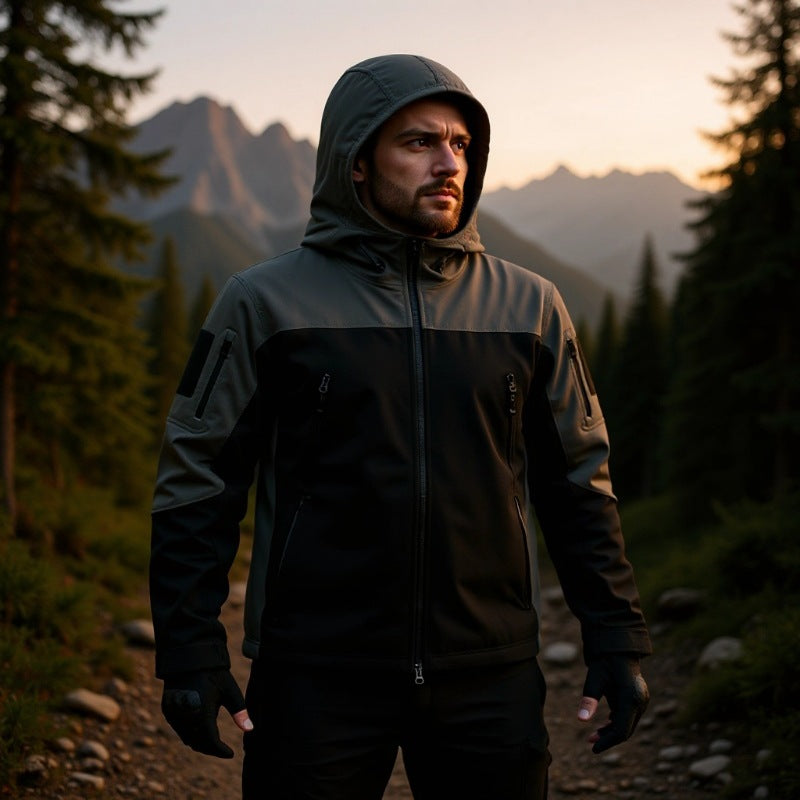 Men's Softshell Outdoor Jacket with Tactical Arm Pocket, Adjustable Hood and Water-Resistant Membrane Chichicherry