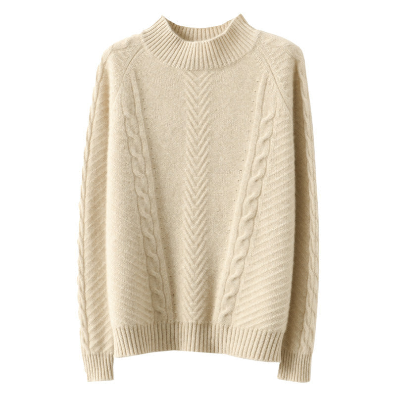 Women's Light Mohair-Look Stand Collar Sweater with Cable Lace and Tailored Silhouette Chichicherry