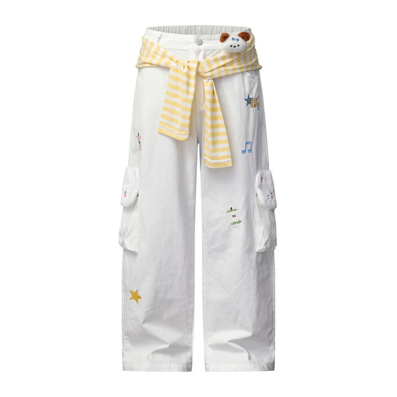 Women Wide Cargo Jeans with Plush Pockets, Embroidery and Elastic Waist Chichicherry