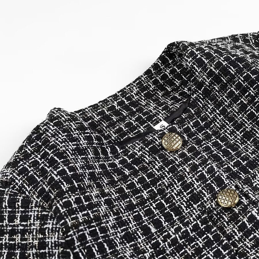 Women Short Boucle Tweed Jacket with Round Neck, Decorative Decorative Buttons and Patch Pockets Chichicherry