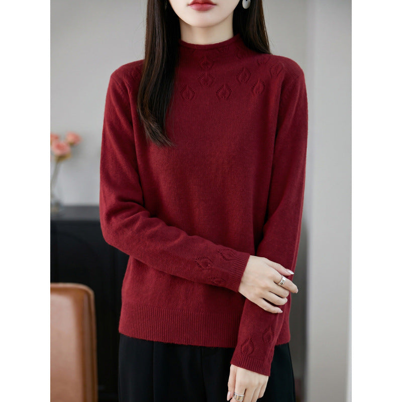 Ladies Light Stand Collar Sweater with Floral Yoke and Fine Ribbed Edge Chichicherry