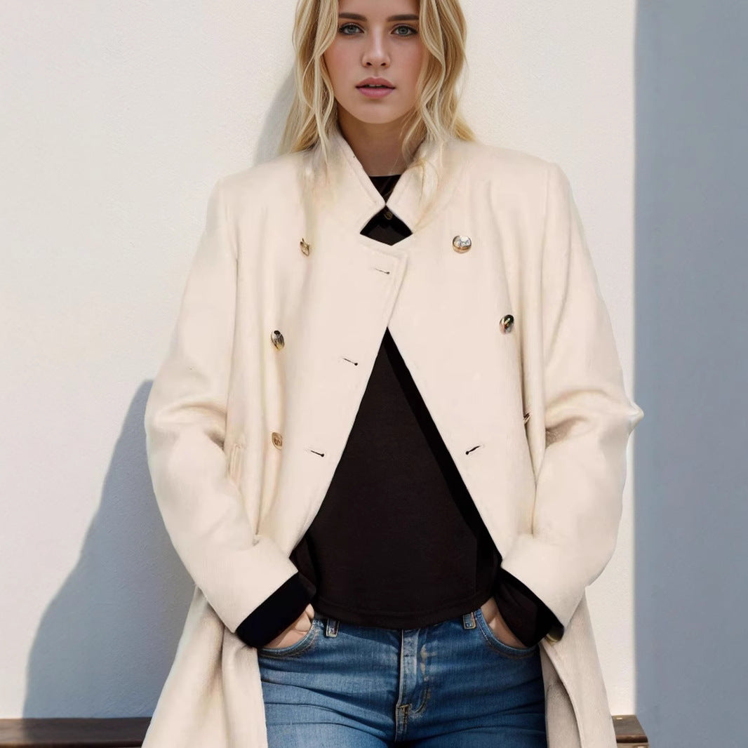 Ladies Double-Breasted Mini Coat with Stand Collar and Decorative Metal Buttons Chichicherry