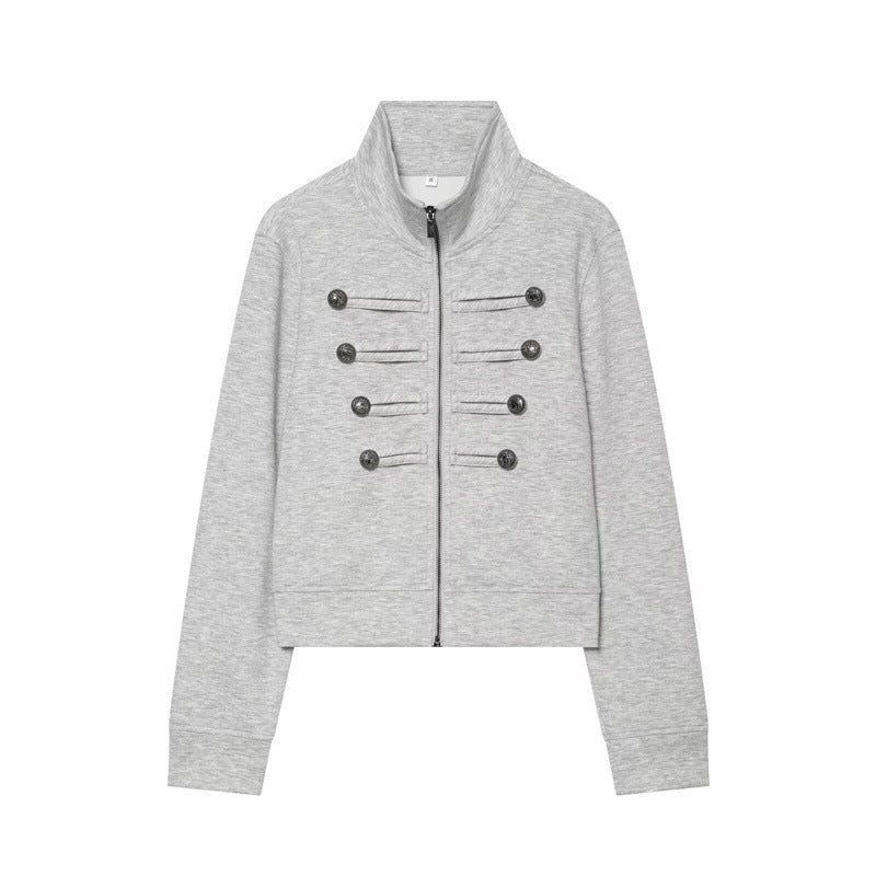 Women's Cropped Sweat Jacket in Military Look with Stand-up Collar and Decorative Button Placket Chichicherry