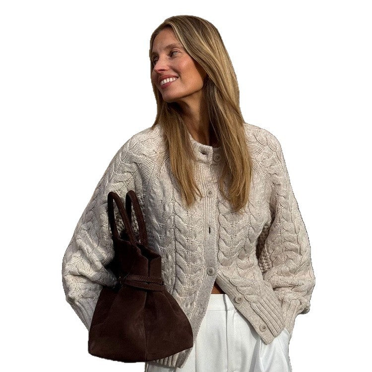 Women Chunky Knit Cable Pattern Cardigan with Balloon Sleeves Chichicherry