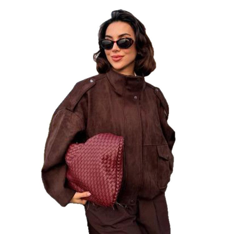 Women's Oversized Suede Bomber with Shoulder Epaulettes, Flap Pockets and High Stand-Up Collar Chichicherry