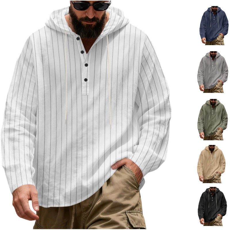 Men's Casual Hoodie Henley Shirt with Fine Pinstripes and Button Placket Chichicherry