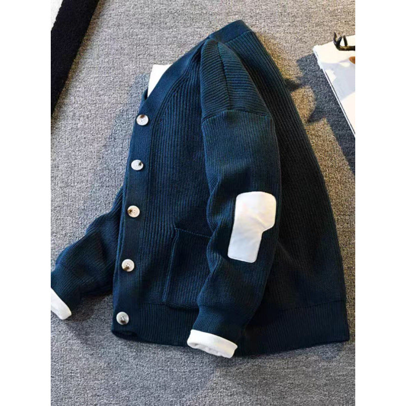 Herren Oversized Strickcardigan mit Ellenbogen-Patches und aufgesetzten Taschen Chichicherry