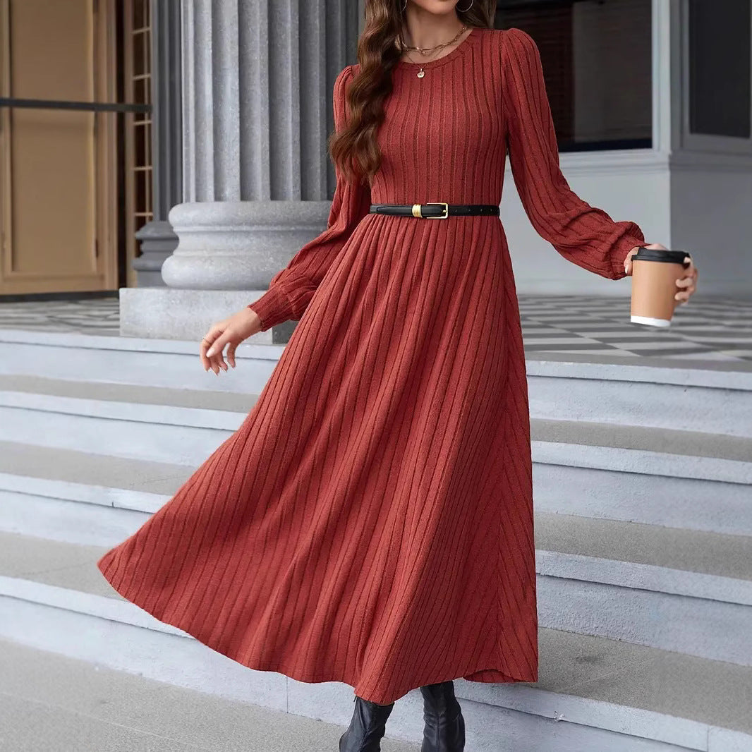 Women's Ribbed Midi Dress with Tailored Cut and Long Balloon Sleeves Chichicherry