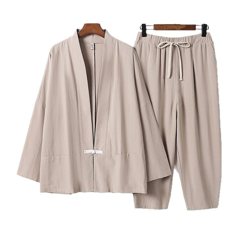 Unisex Casual Kimono Loungewear Set made of lightweight Linen Blend with Drawstring Pants Chichicherry