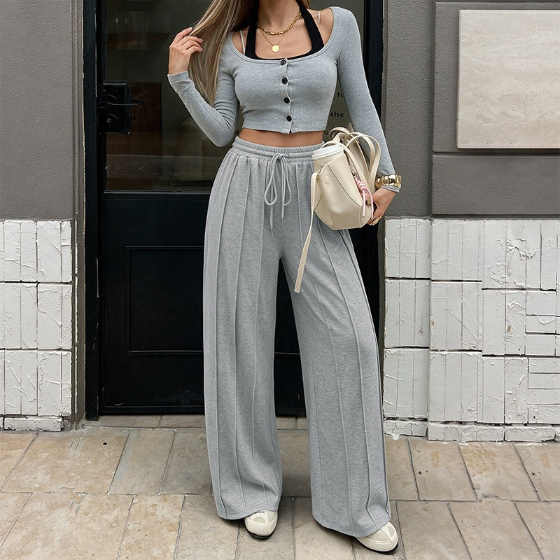 Women Wide High-Waist Loungewear Pants with Pleats and Drawstring Chichicherry