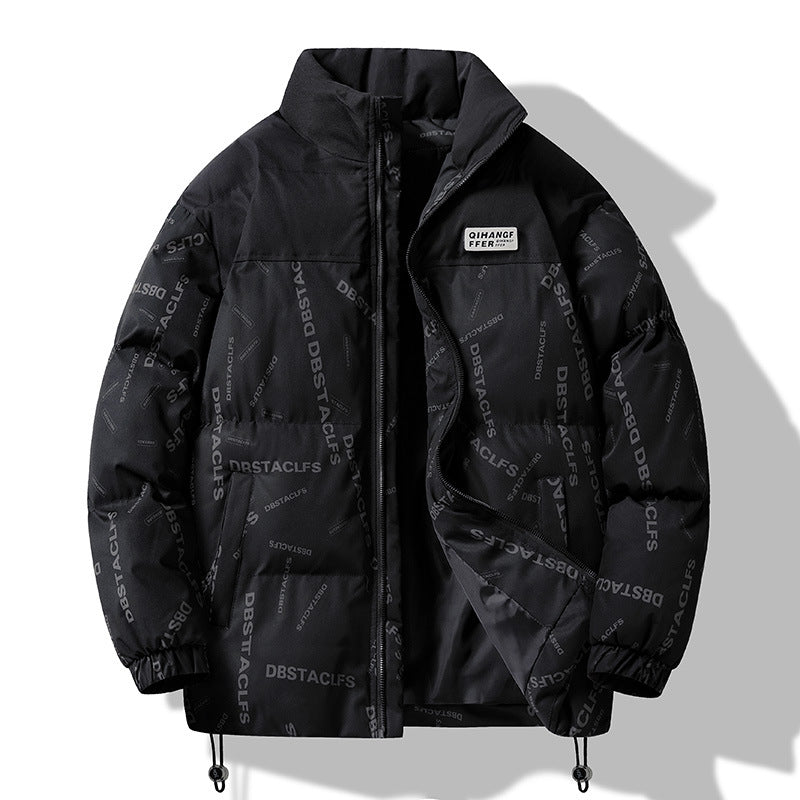 Men's Padded Quilted Jacket with Graphic Text Print, Stand Collar and Adjustable Hem Chichicherry