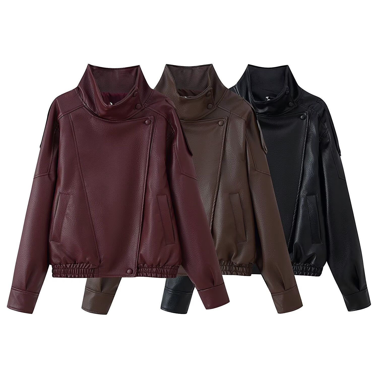 Women's Short Cut Faux Leather Bomber Jacket with High Stand Collar, Asymmetric Snap Button Placket and Elastic Hem Chichicherry