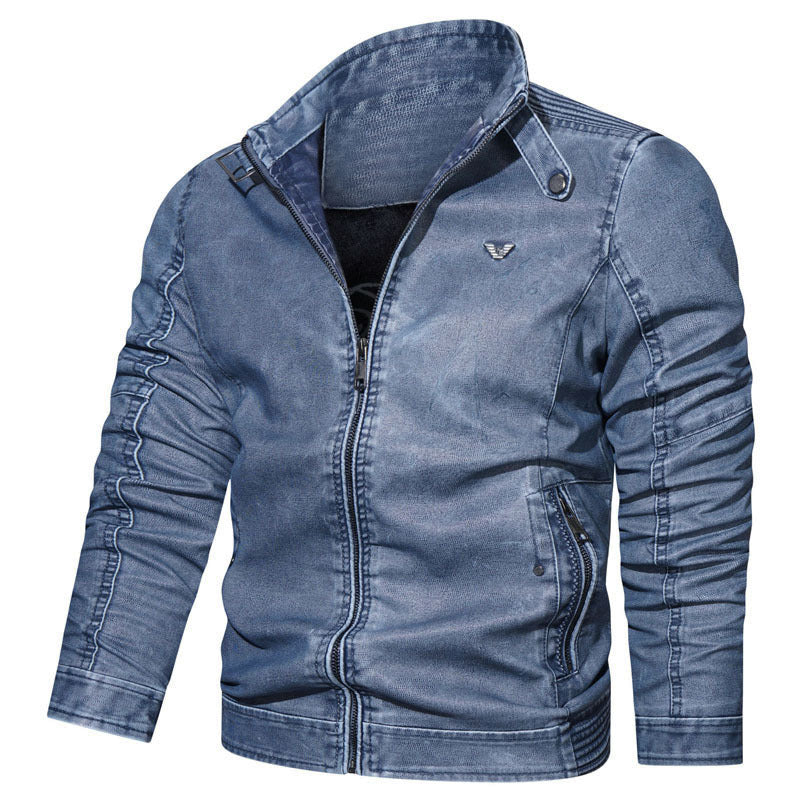 Men's denim blouson in aviator look with high closing stand-up collar, decorative pleated sleeves and concealed zip pockets Chichicherry
