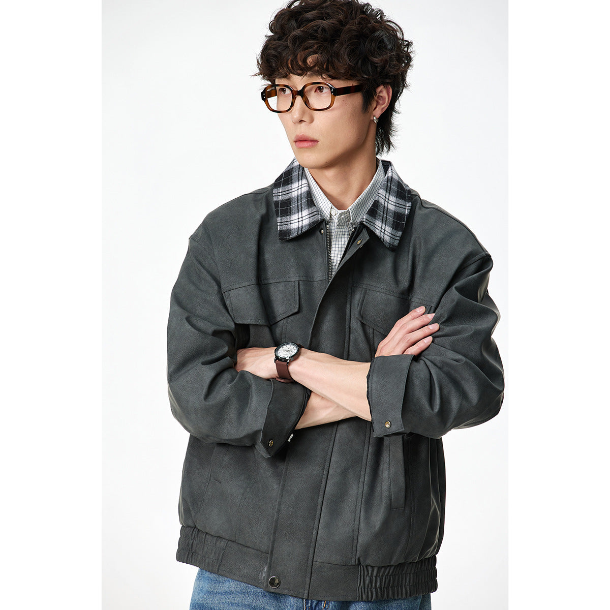 Men's Boxy Faux Leather Blouson with Checked Turn-Down Collar and Flap Pockets