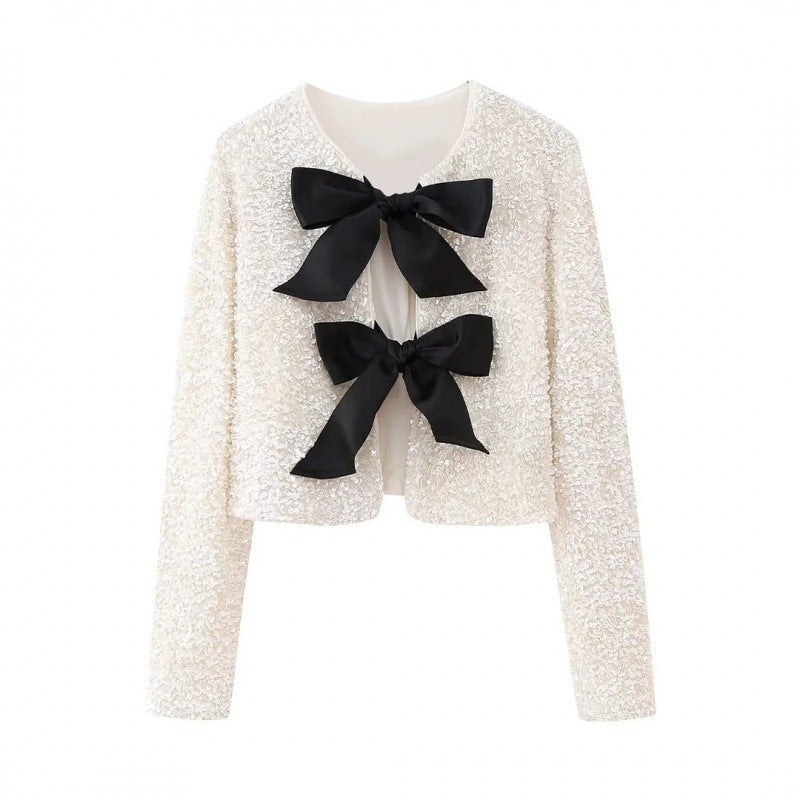 Women Sequin Bolero Jacket with Decorative Satin Bows Chichicherry