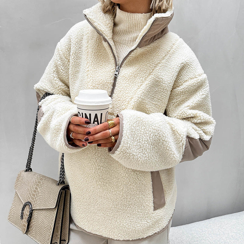 Women's Oversized Sherpa-Fleece Pullover with Half Zipper and Kangaroo Pocket Chichicherry