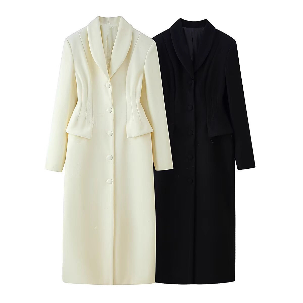 Women's tailored long coat with shawl collar and peplum waist Chichicherry
