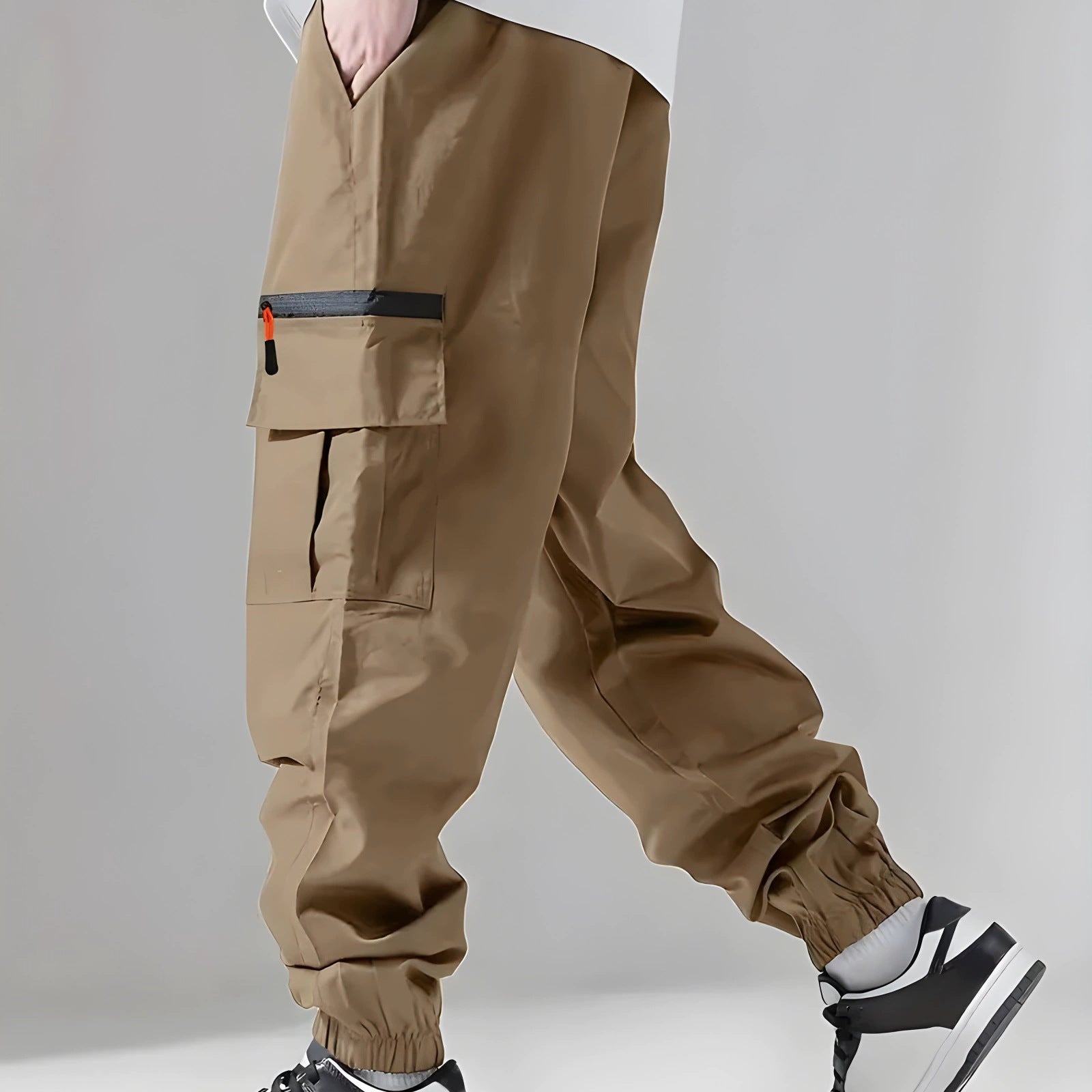Men's Technical Cargo Jogging Pants with Zip Pockets, Drawstring and Elastic Ankle Cuffs Chichicherry
