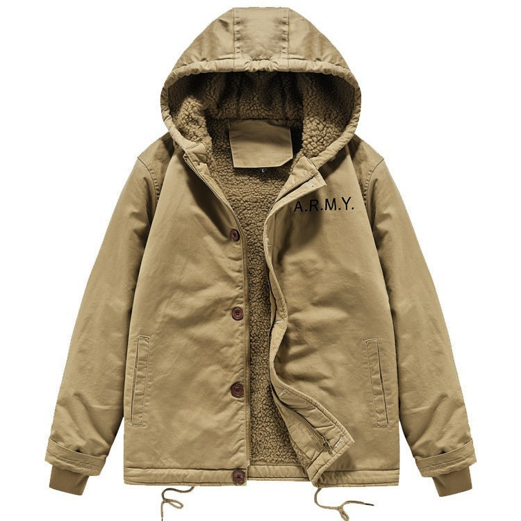 Men's military-inspired thermal hoodie jacket with teddy-sherpa lining and drawstring Chichicherry