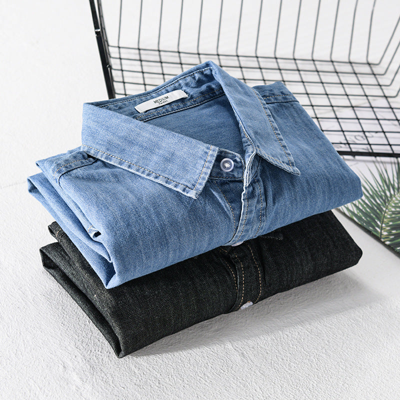 Men's Washed-Denim Overshirt in Relaxed Fit with Chest Pocket and Contrasting Stitching Chichicherry