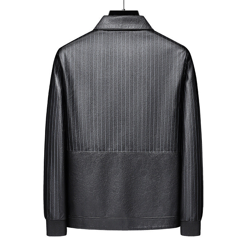 Men's Pinstripe Faux Leather Trucker Jacket with Snap Front and Ribbed Cuffs Chichicherry