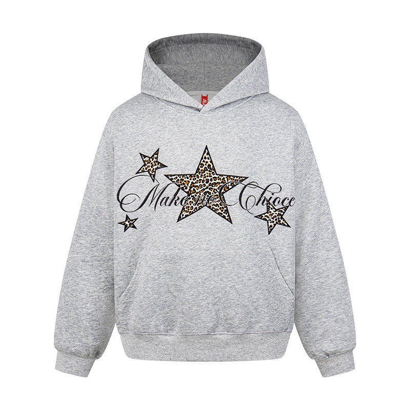 Women's Oversized Hoodie with Kangaroo Pocket and Leo-Star Print Chichicherry