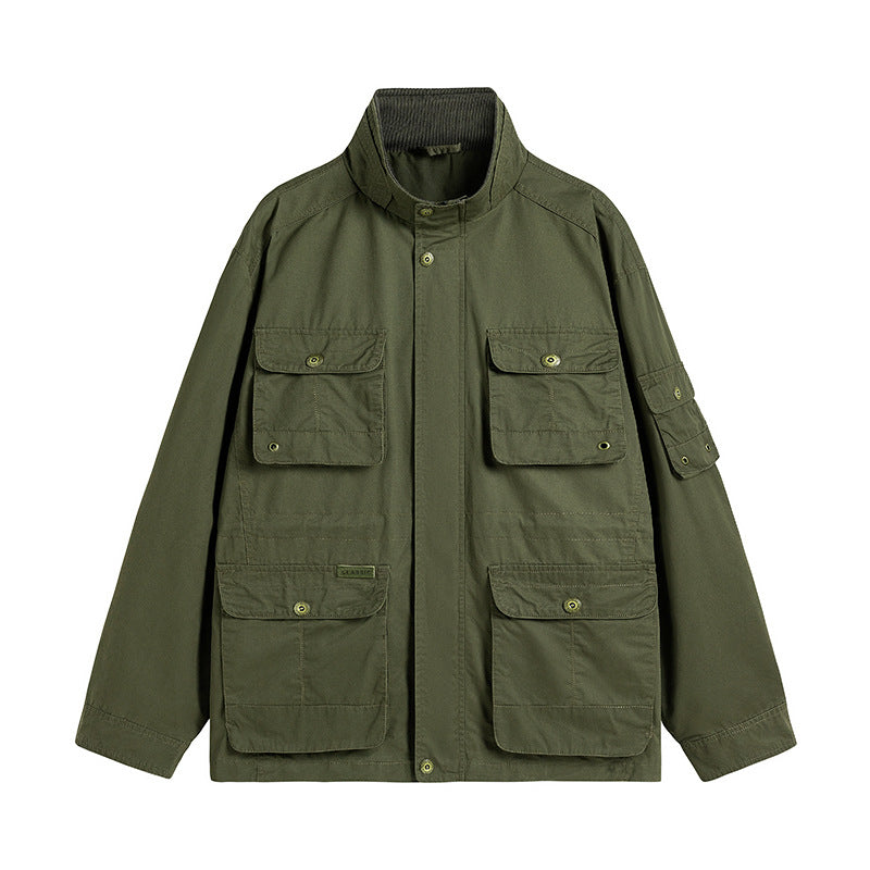 Men's Robust Utilitarian Field Jacket with Multiple Applied Pockets and Stand-Up Collar Chichicherry