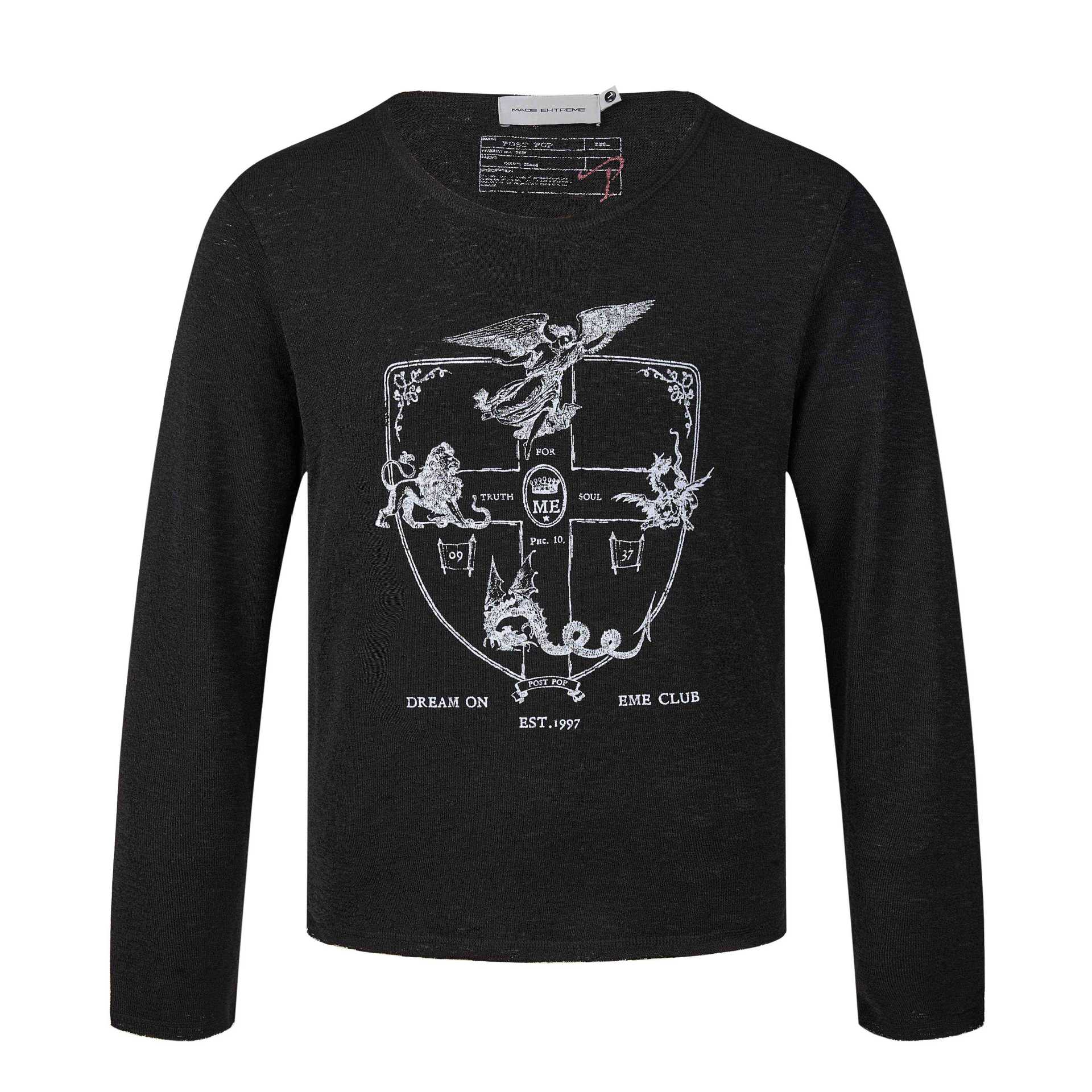 Unisex Long Sleeve Fine Knit Shirt with Crest Print Chichicherry