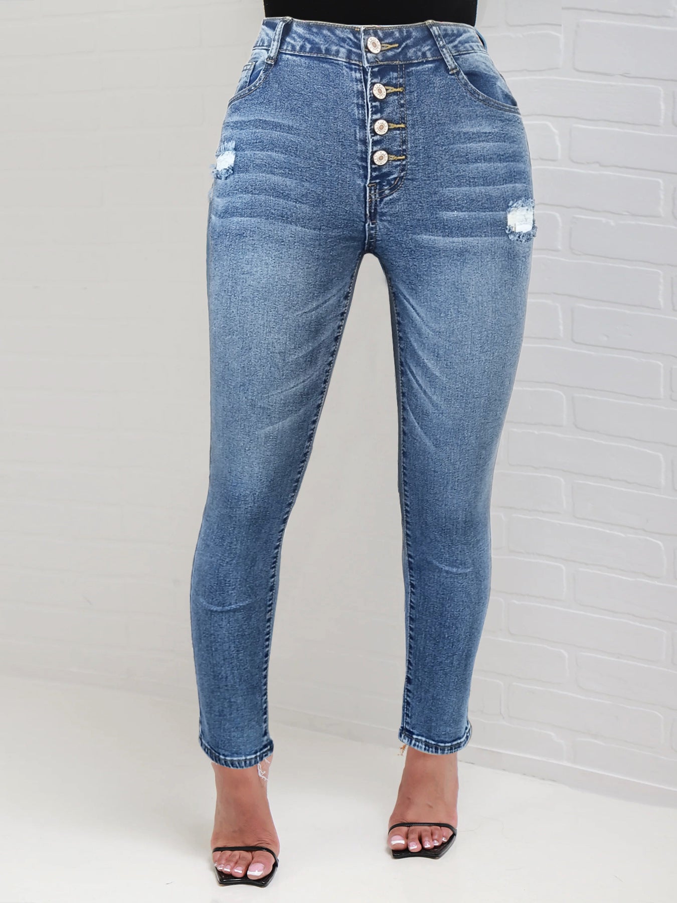 Women High-Waisted Sculpting Skinny Jeans with Visible Button Placket and Subtle Destroyed Detail Chichicherry