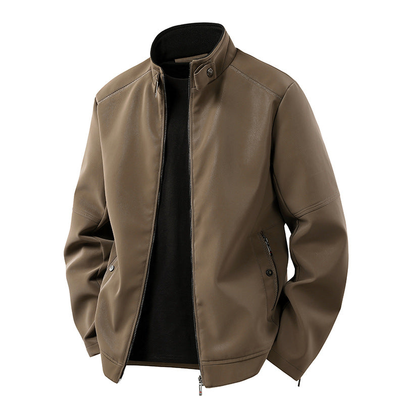 Men's Casual Leather-Look Blouson with Stand-Up Collar and Concealed Zipper Chichicherry