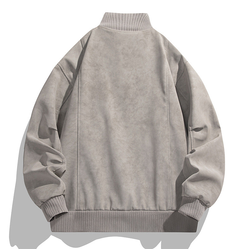 Men's Oversized Suede Look Bomber Jacket with Stand-Up Collar and Ribbed Cuffs Chichicherry