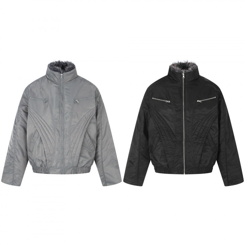 Men's short jacket in retro puffer style with high-closing faux fur collar and decorative wave quilting Chichicherry