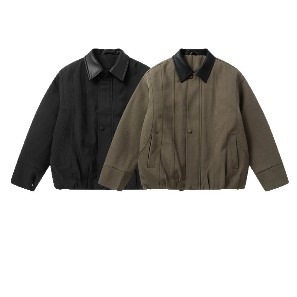 Men's Short Boxy Workwear Blouson with Leather Collar and Vertical Quilting Chichicherry