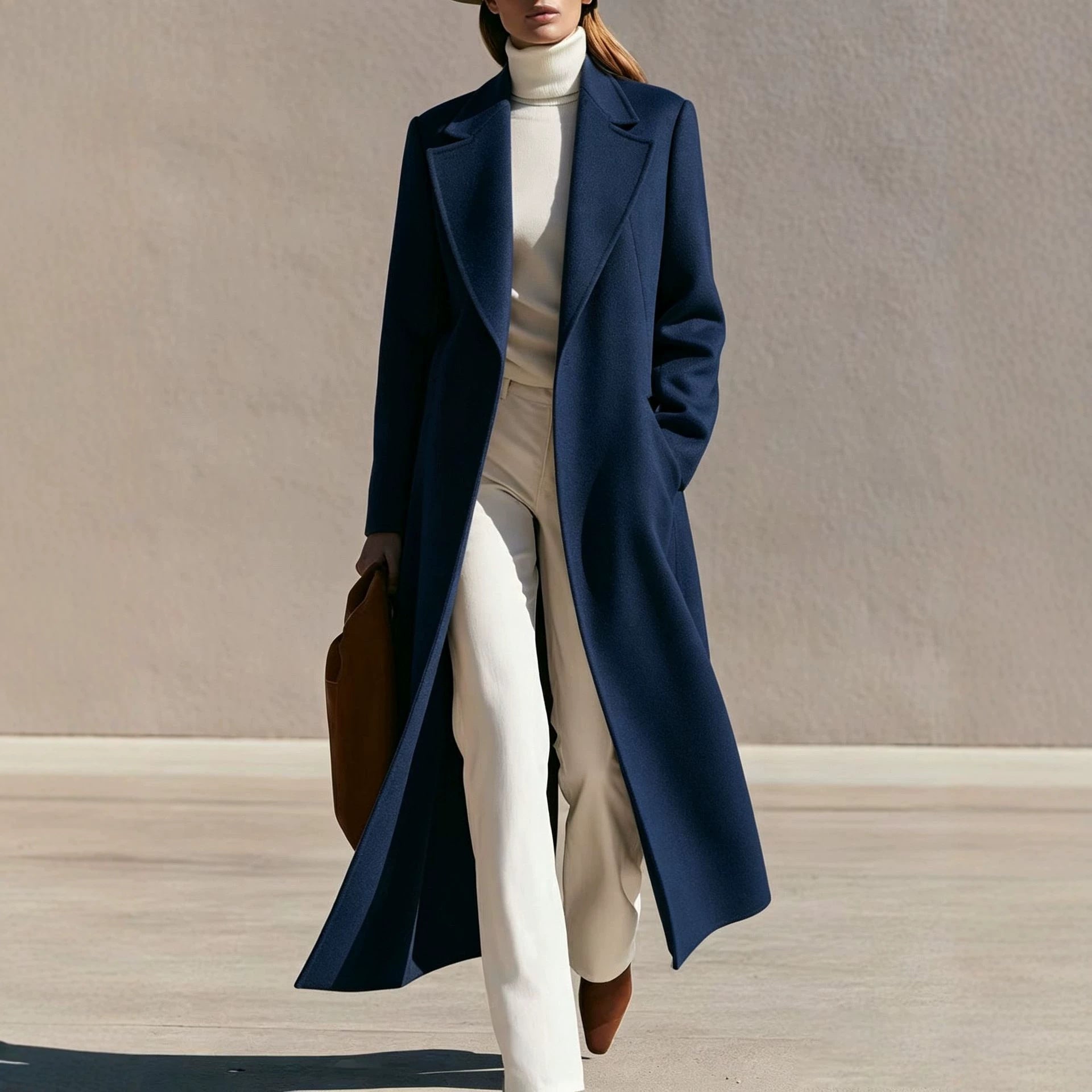 Women Longline Wool Coat with Wide Lapels and Tailored Fit Chichicherry