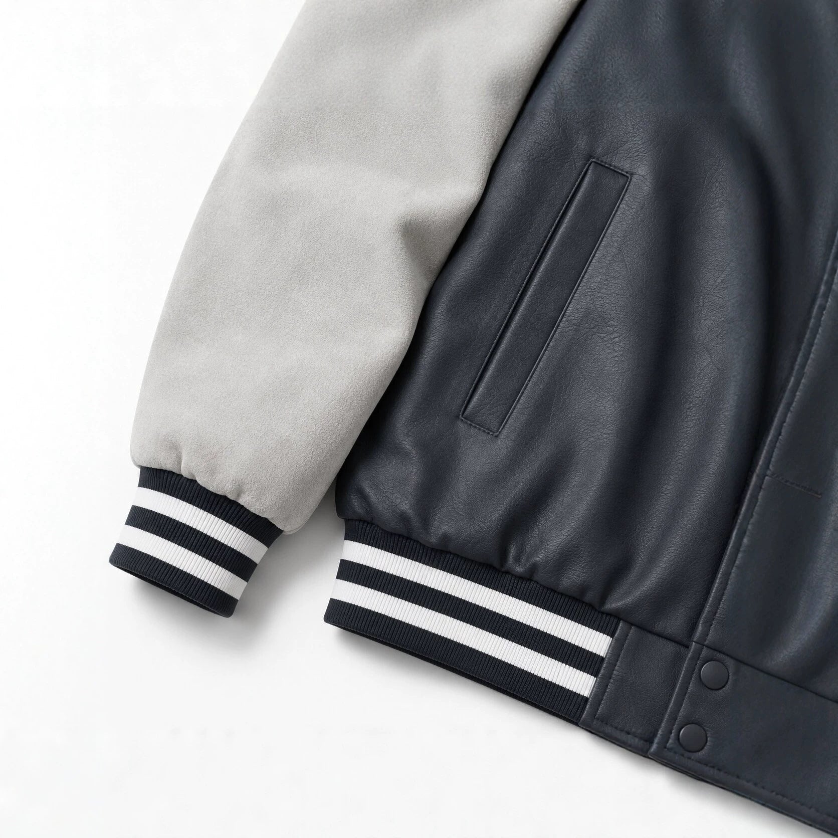 Men's Varsity Faux Leather College Jacket with Contrast Sleeves, Embroidered Patches and Ribbed Hem Chichicherry