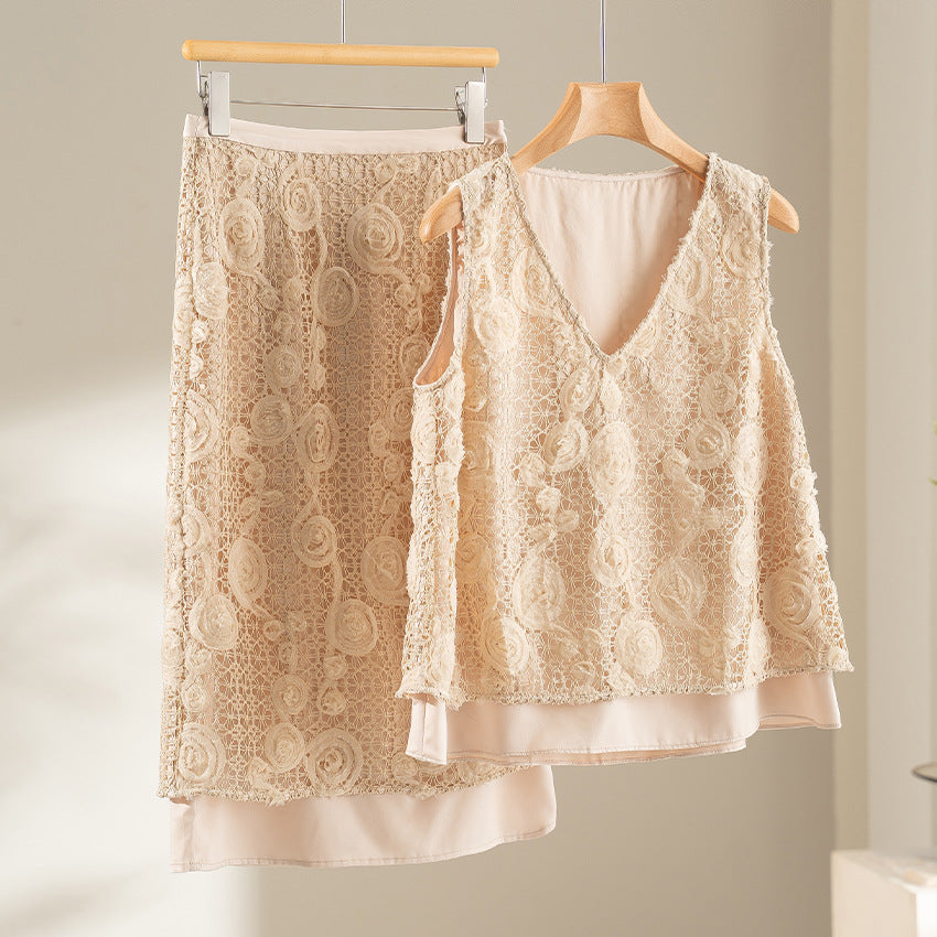 Women's lace midi skirt with floral crochet lace and opaque lining Chichicherry