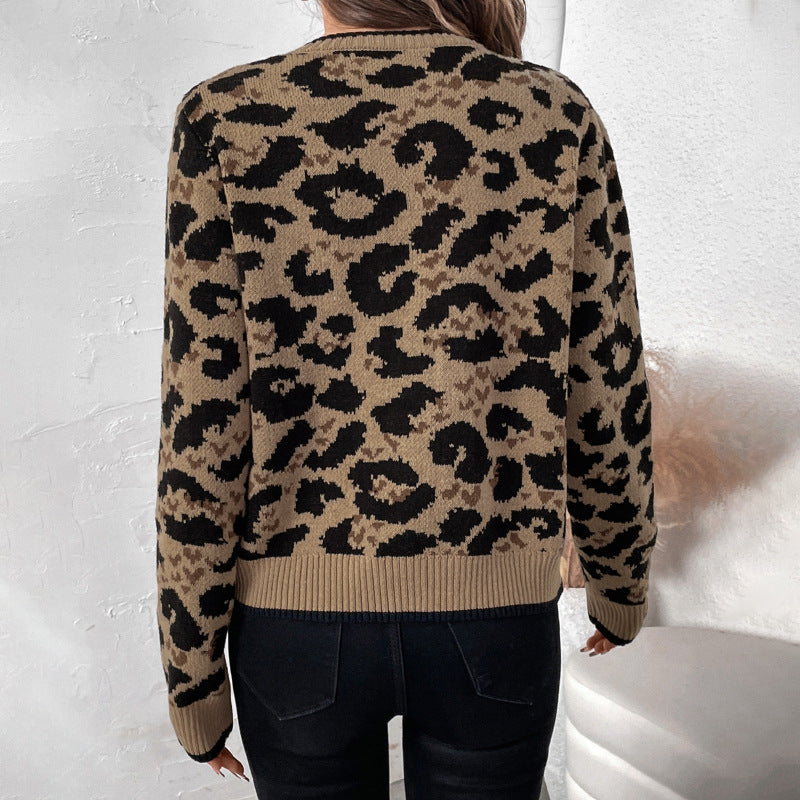 Women's leopard pattern knitted cardigan with tie bows and ribbed cuffs Chichicherry