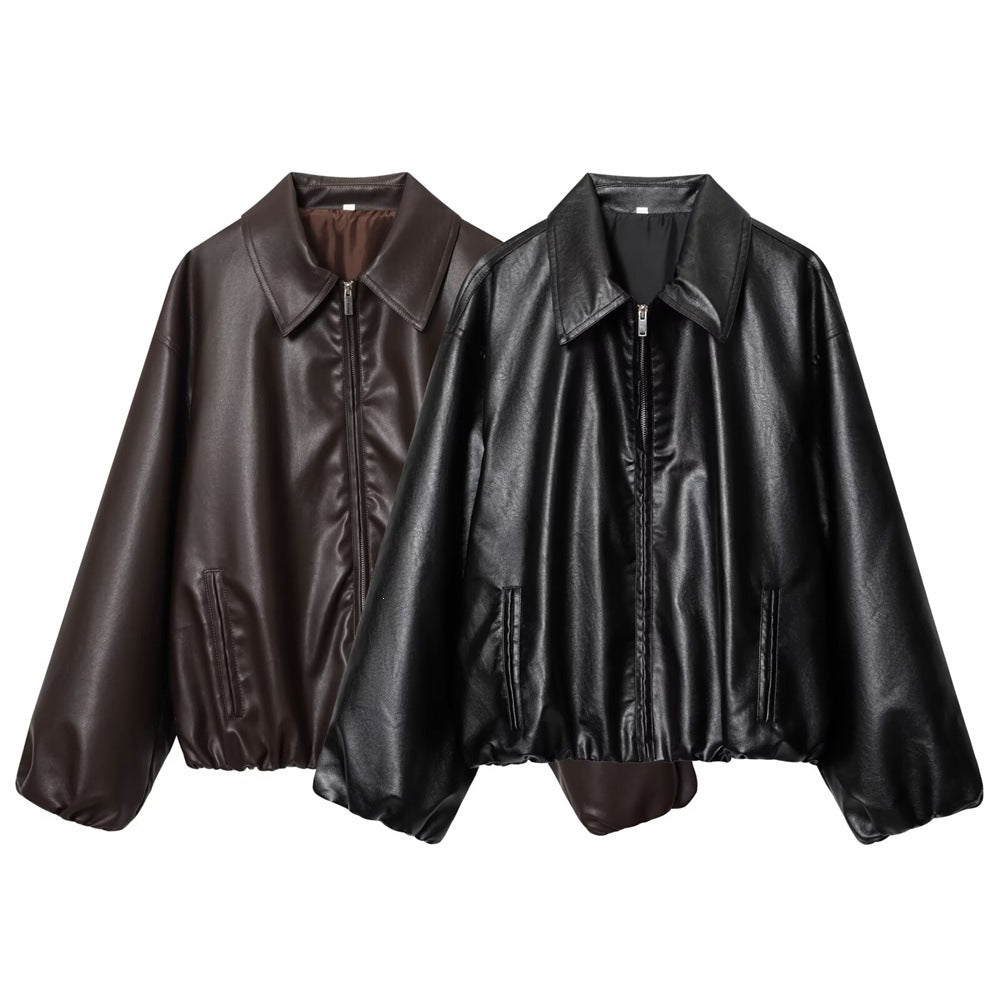 Women's short-cut oversized blouse jacket made of vegan leather with shirt collar and elastic hem Chichicherry