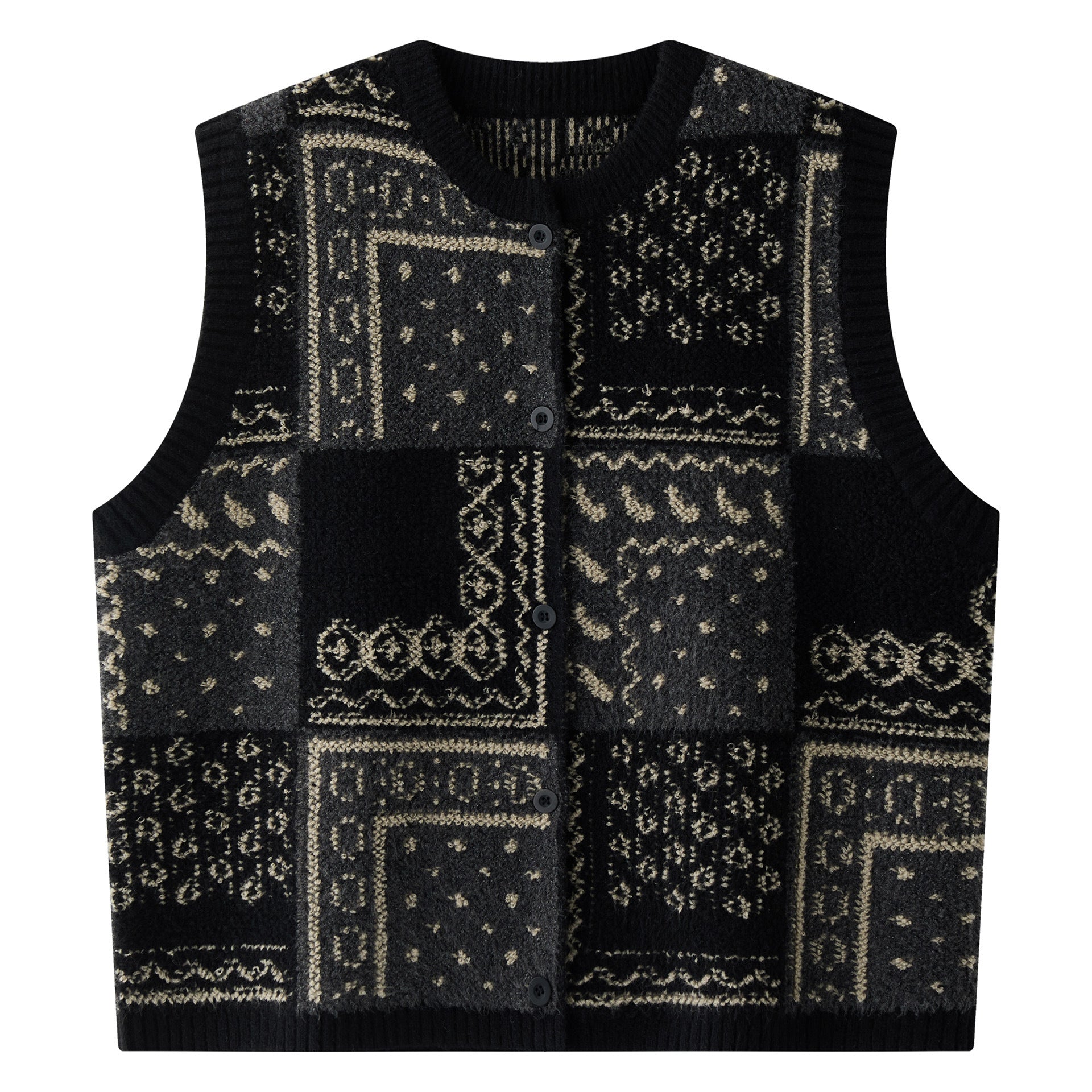 Women’s jacquard knitted vest with button placket and ribbed neckline Chichicherry