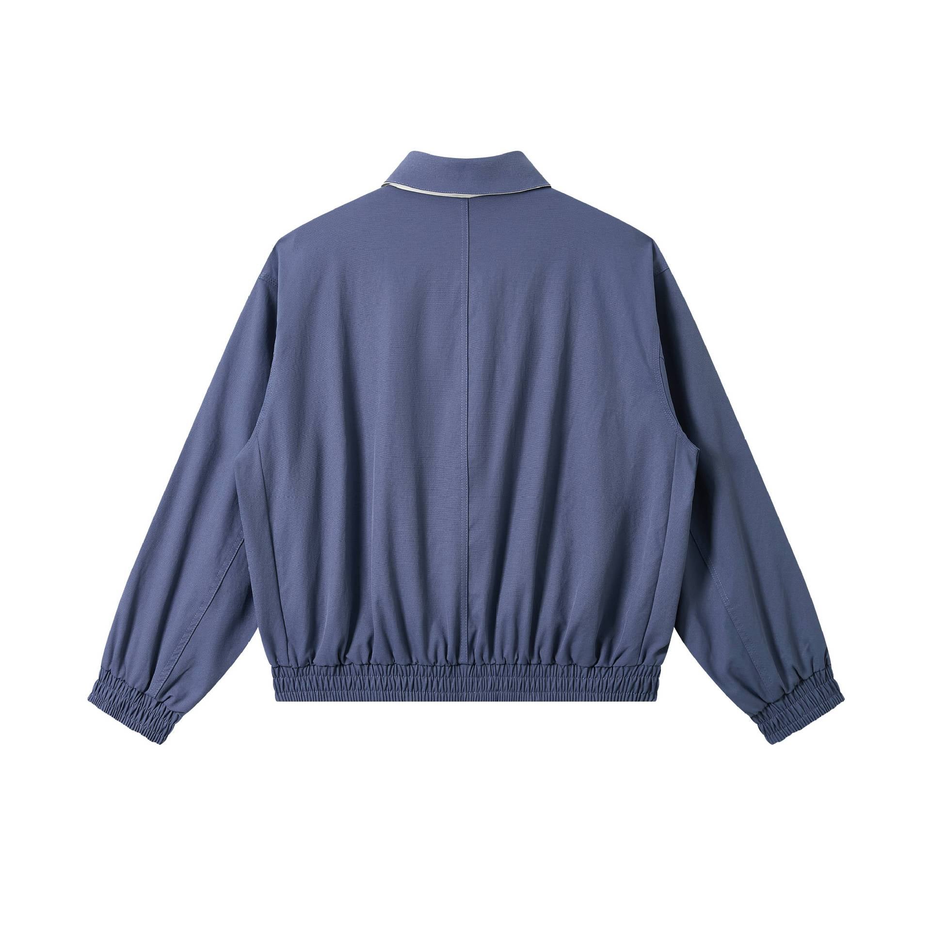 Men's short cut boxy blouson with high stand-up collar, elastic hem and zipper front.