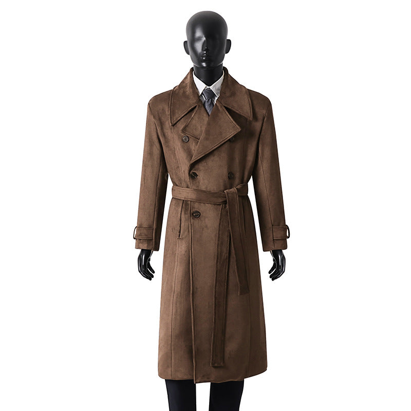 Men's double-breasted trench coat made of suede imitation with a waist belt and wide lapels Chichicherry