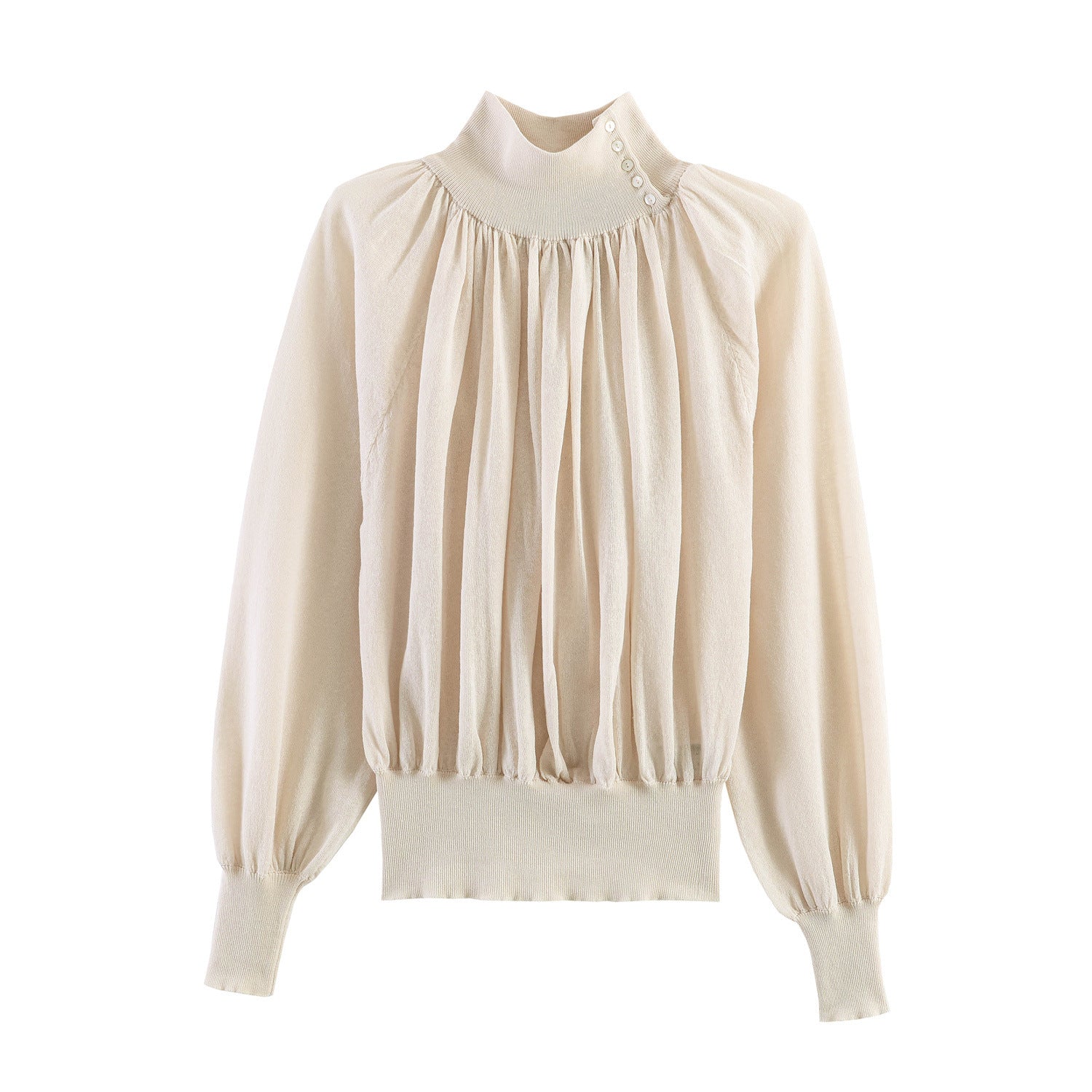 Women's Elegant Pleated Blouse with Stand Collar, Button Detail and Balloon Sleeves Chichicherry