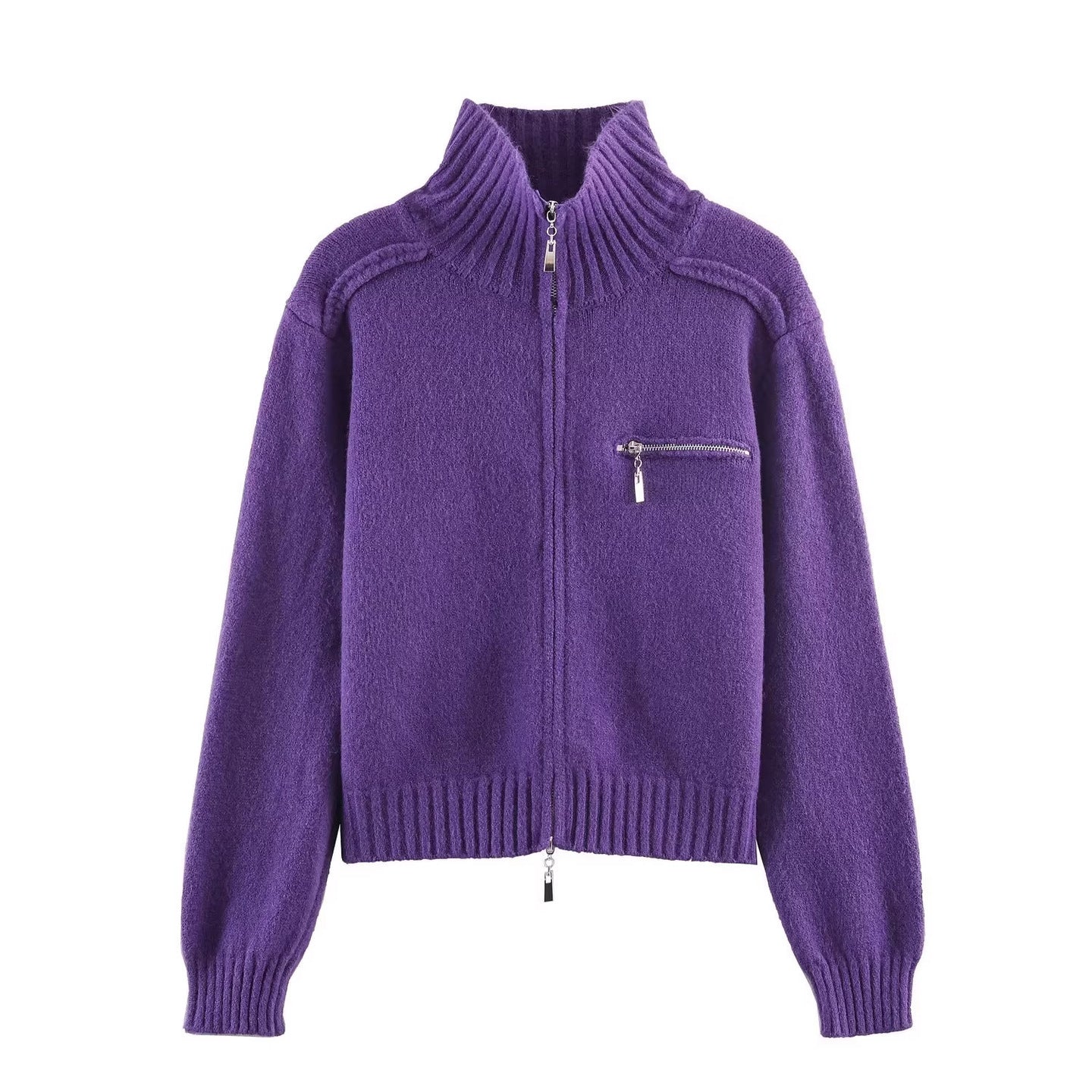 Women's Chunky Knit Zip-Up Cardigan with High Ribbed Collar and Chest Pocket Chichicherry