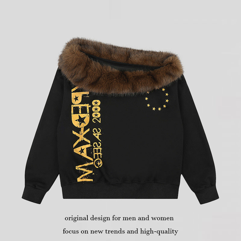 Women's oversized sweatshirt with faux fur collar, ribbed cuffs and statement print Chichicherry