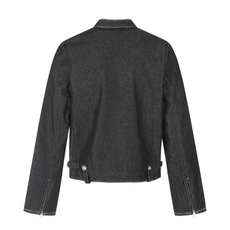 Women's short denim biker jacket with stand-up collar, zipper and snap button details Chichicherry