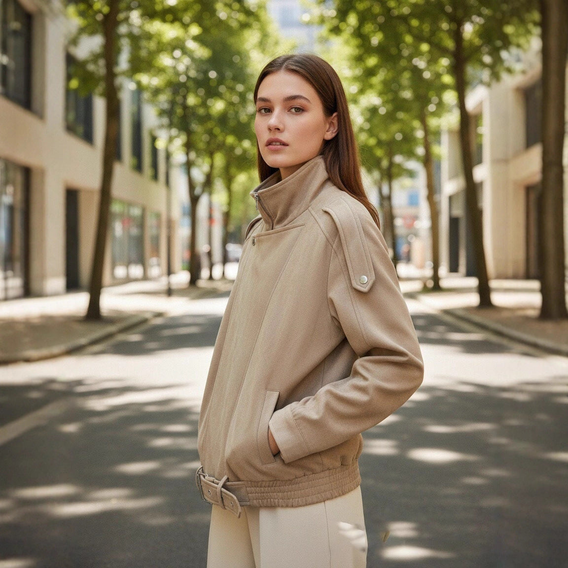 Women's short jacket in suede look with high stand-up collar, shoulder flaps and waist belt Chichicherry
