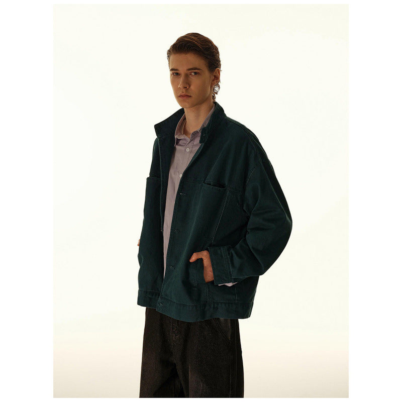 Men's Loose Canvas Overshirt with Stand-Up Collar, Patch Pockets and Distinctive Stitching Details Chichicherry