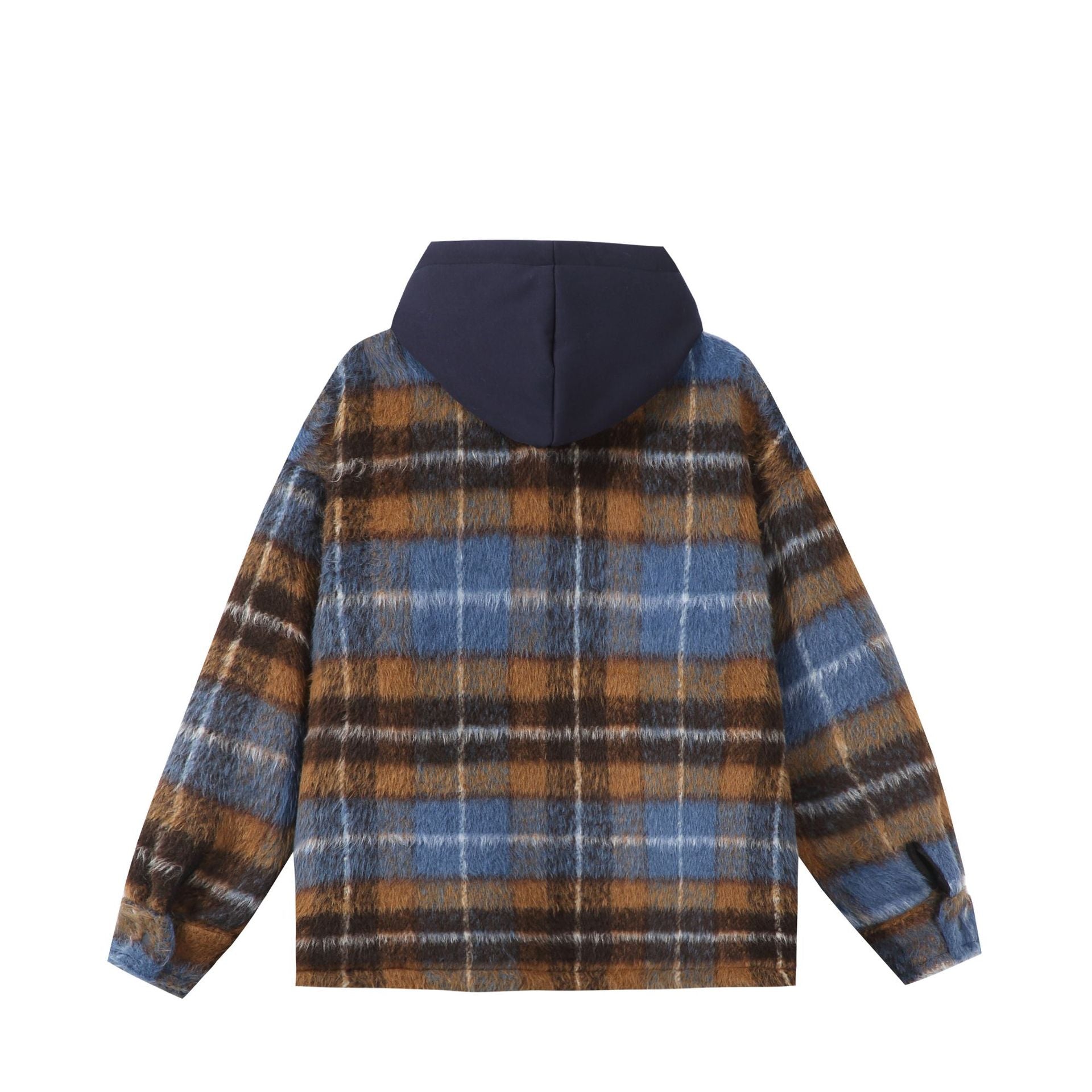Unisex short cut plaid faux fur jacket with hood and zipper Chichicherry