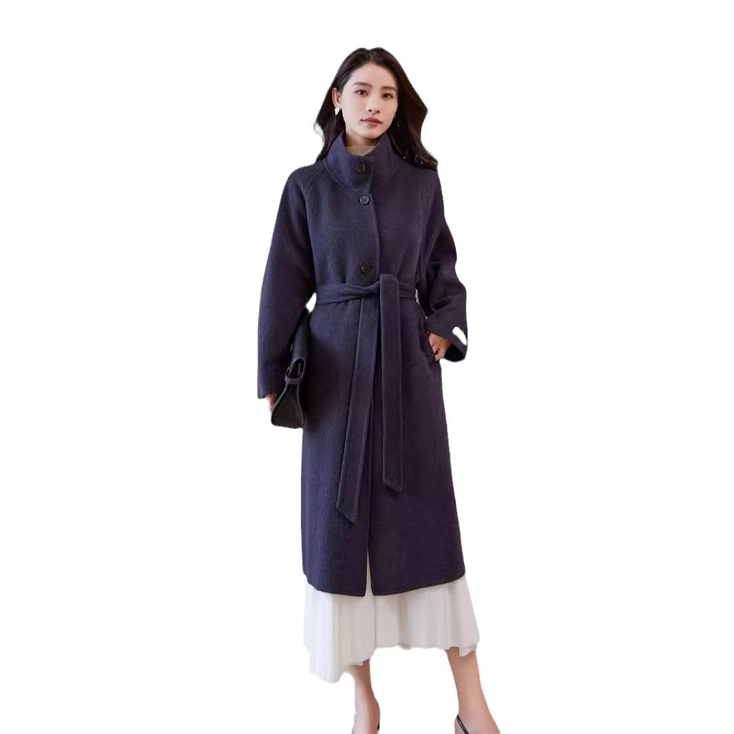 Women's Oversized Wool Coat with Stand-up Collar and Waist Belt Chichicherry